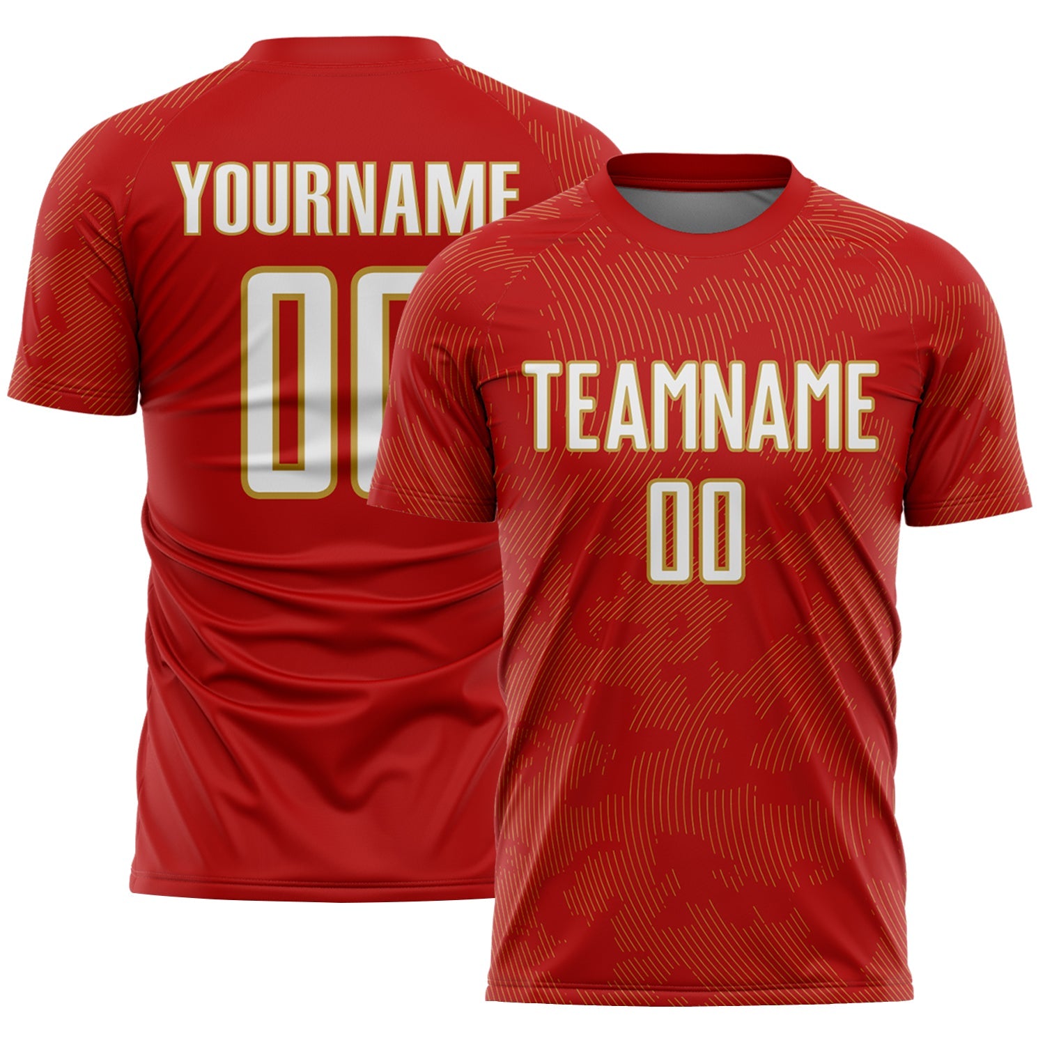 Custom Red White-Old Gold Curve Lines Sublimation Soccer Uniform Jersey - Main View