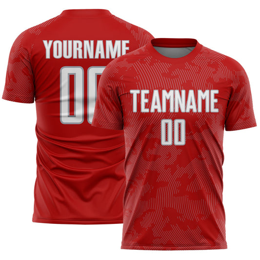 Custom Red White-Gray Curve Lines Sublimation Soccer Uniform Jersey - Main View