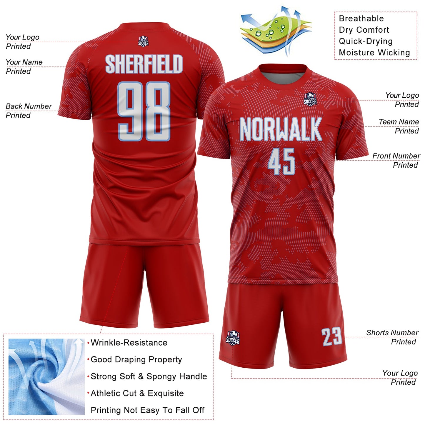 Custom Red White-Light Blue Curve Lines Sublimation Soccer Uniform Jersey view 4