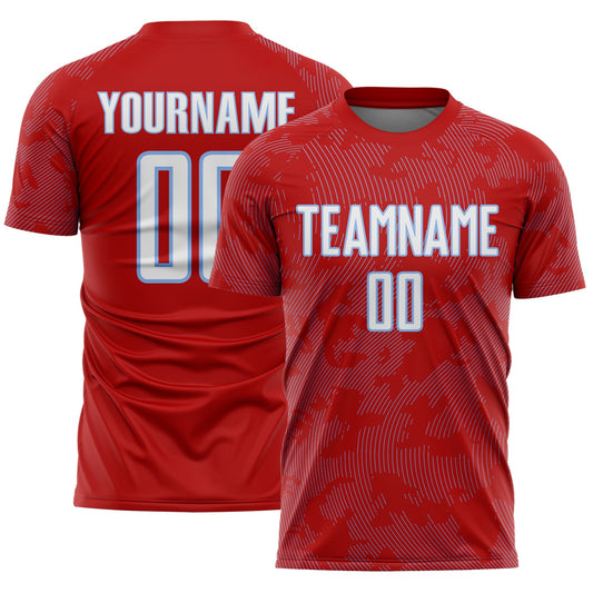 Custom Red White-Light Blue Curve Lines Sublimation Soccer Uniform Jersey - Main View