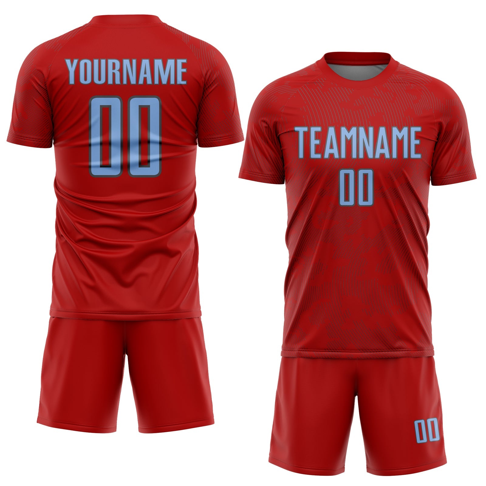 Custom Red Light Blue-Steel Gray Curve Lines Sublimation Soccer Uniform Jersey view 2