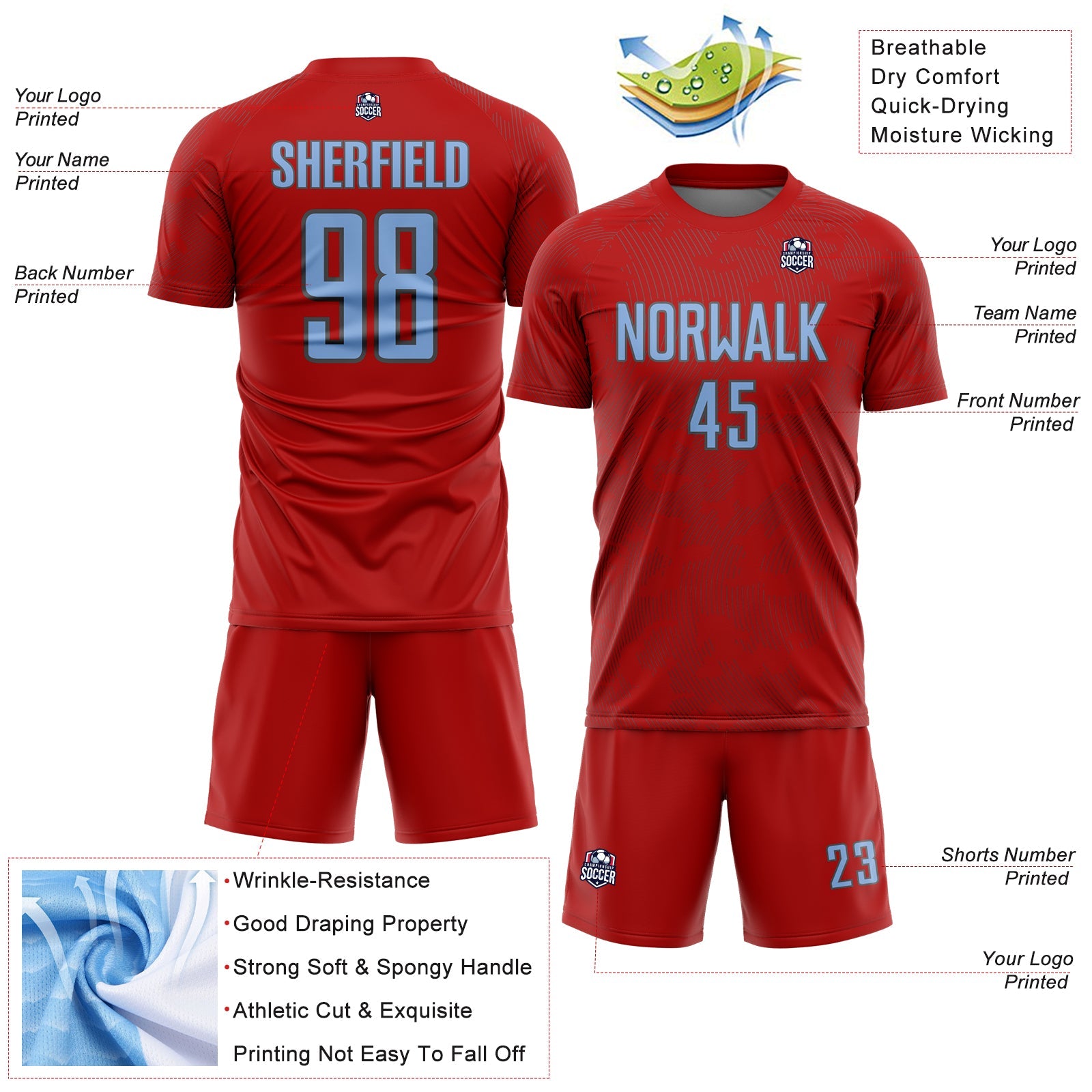 Custom Red Light Blue-Steel Gray Curve Lines Sublimation Soccer Uniform Jersey view 4