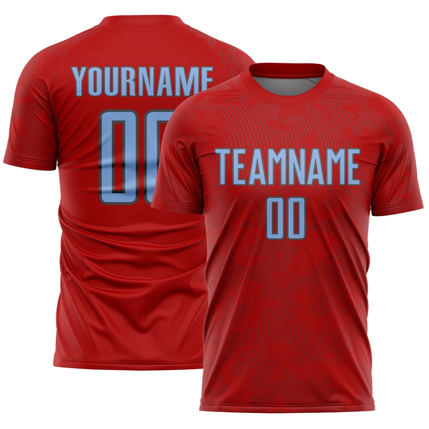 Custom Red Light Blue-Steel Gray Curve Lines Sublimation Soccer Uniform Jersey - Main View