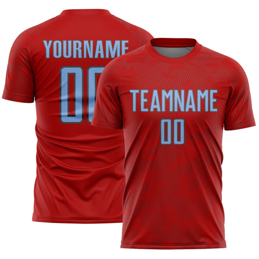 Custom Red Light Blue-Steel Gray Curve Lines Sublimation Soccer Uniform Jersey - Main View