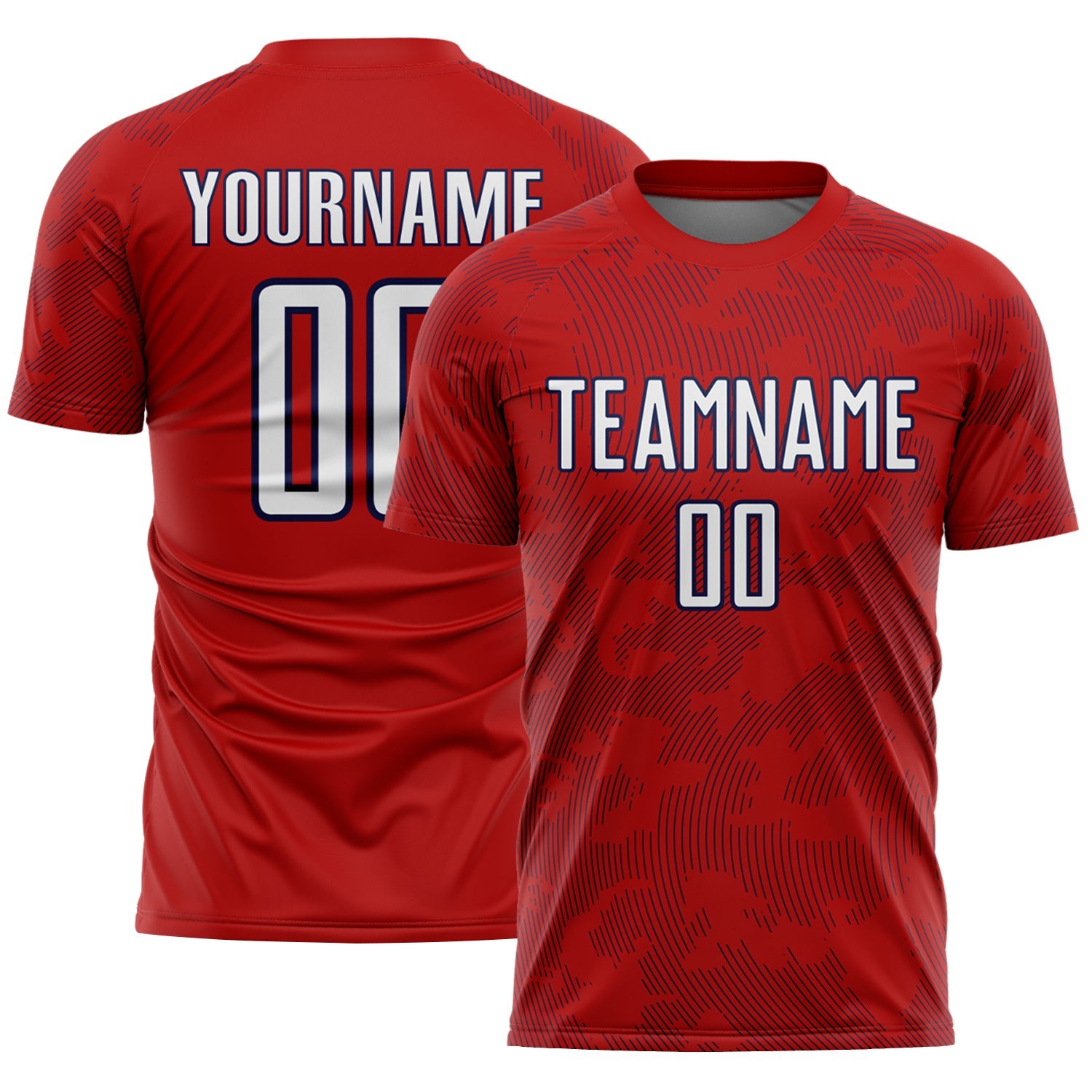 Custom Red White-Navy Curve Lines Sublimation Soccer Uniform Jersey - Main View