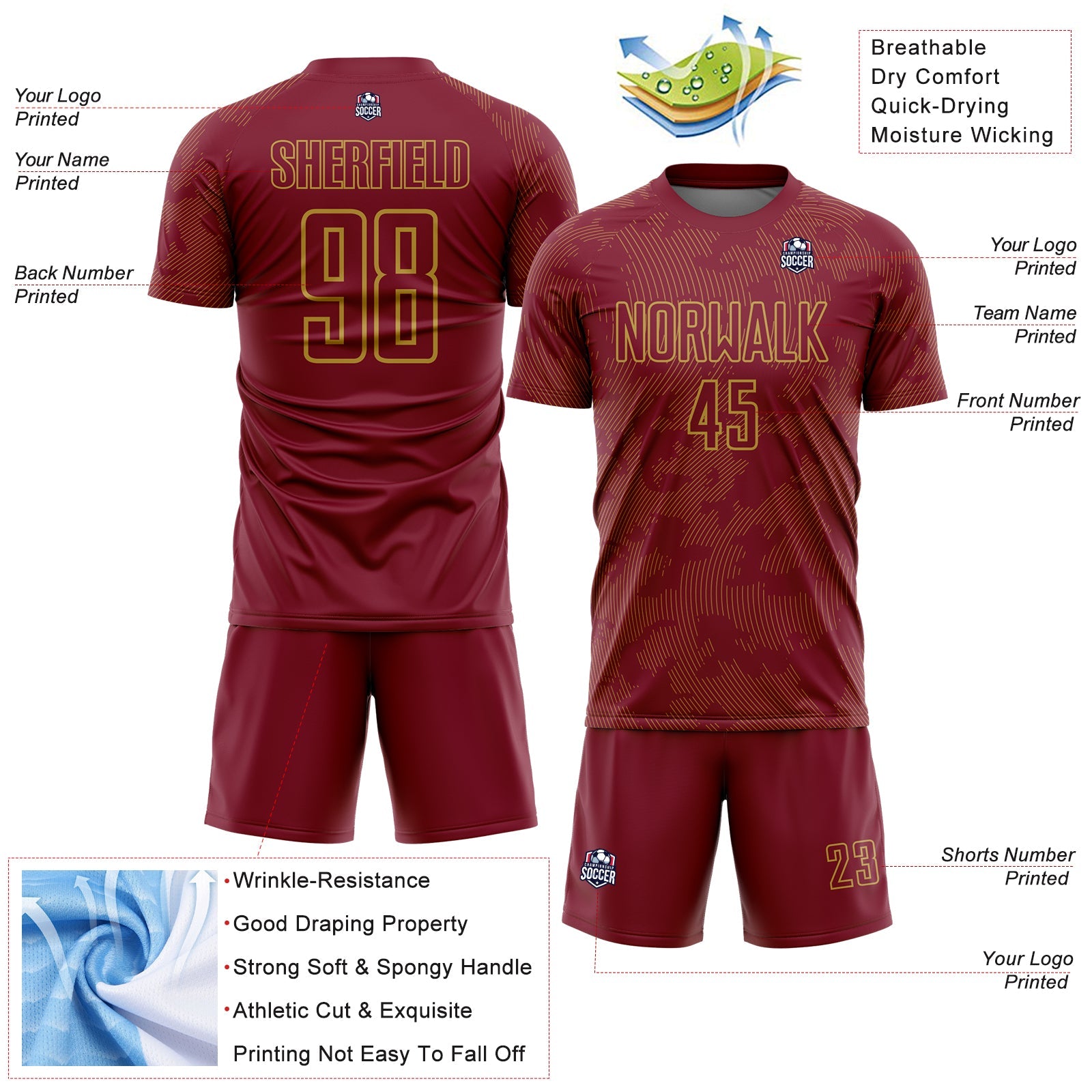 Custom Crimson-Old Gold Curve Lines Sublimation Soccer Uniform Jersey view 4