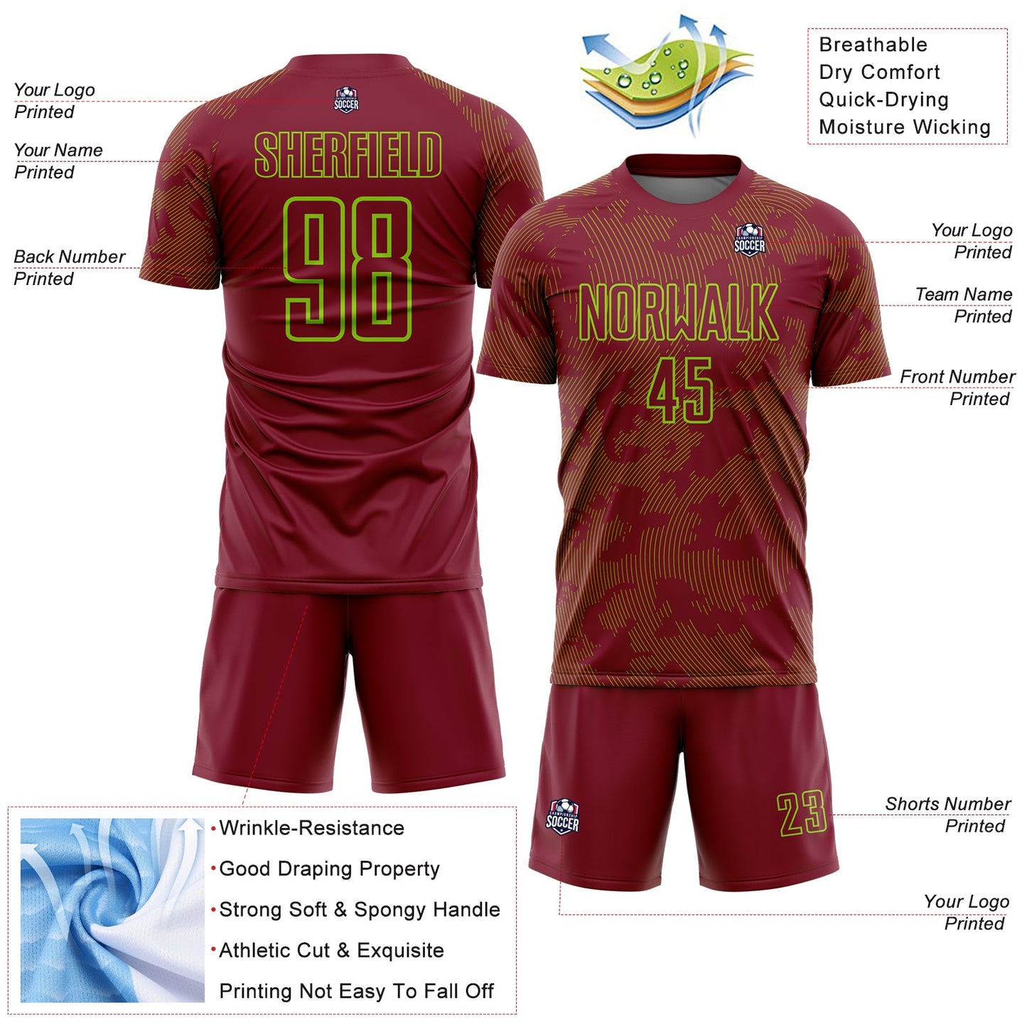 Custom Crimson-Neon Green Curve Lines Sublimation Soccer Uniform Jersey view 4