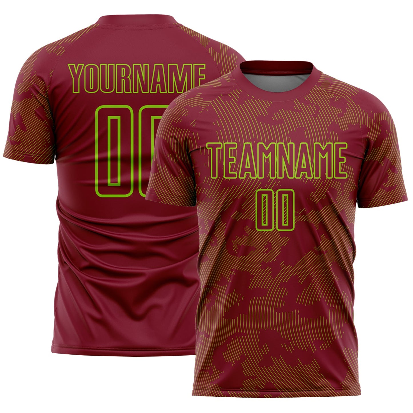 Custom Crimson-Neon Green Curve Lines Sublimation Soccer Uniform Jersey - Main View