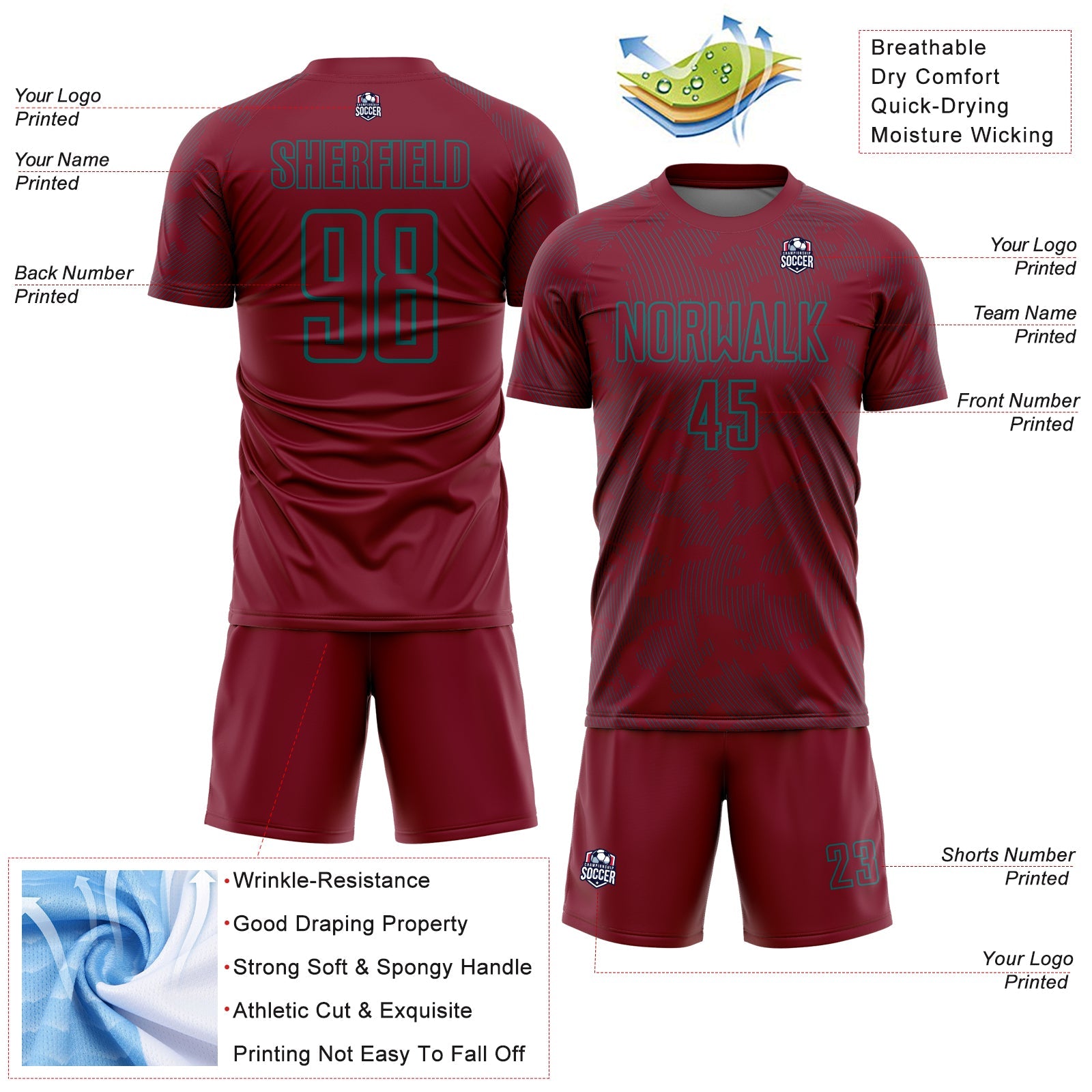 Custom Crimson-Teal Curve Lines Sublimation Soccer Uniform Jersey view 4