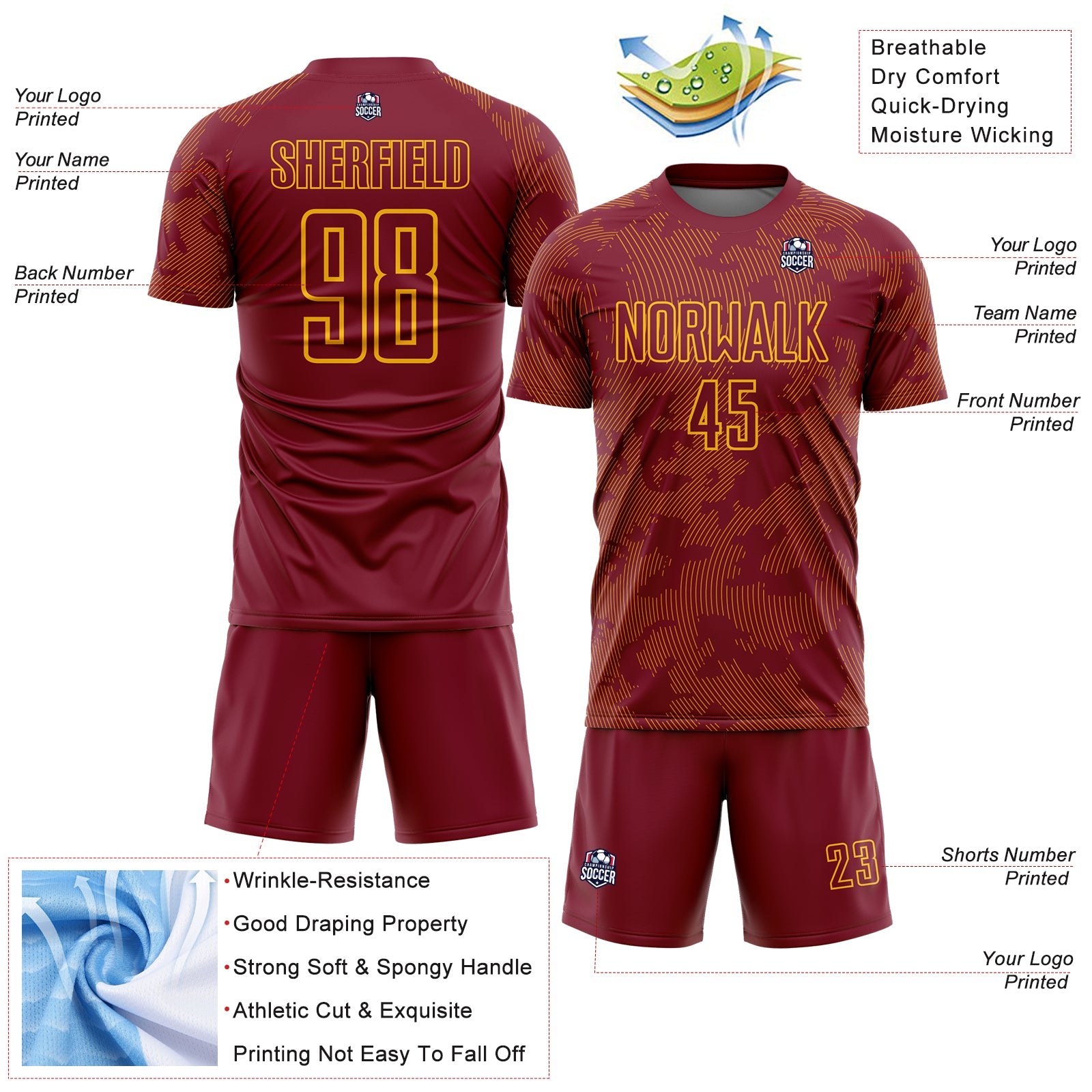 Custom Crimson-Gold Curve Lines Sublimation Soccer Uniform Jersey view 4