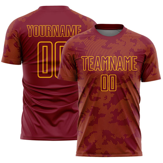 Custom Crimson-Gold Curve Lines Sublimation Soccer Uniform Jersey - Main View