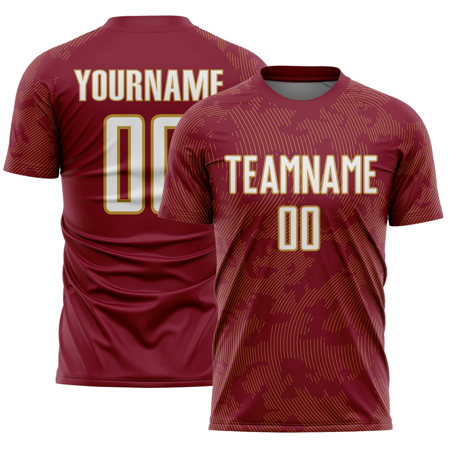 Custom Crimson White-Old Gold Curve Lines Sublimation Soccer Uniform Jersey - Main View