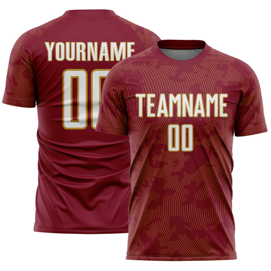 Custom Crimson White-Old Gold Curve Lines Sublimation Soccer Uniform Jersey - Main View