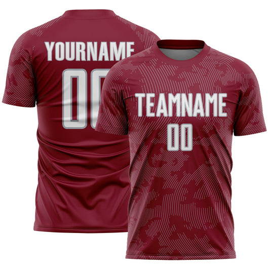 Custom Crimson White-Gray Curve Lines Sublimation Soccer Uniform Jersey - Main View