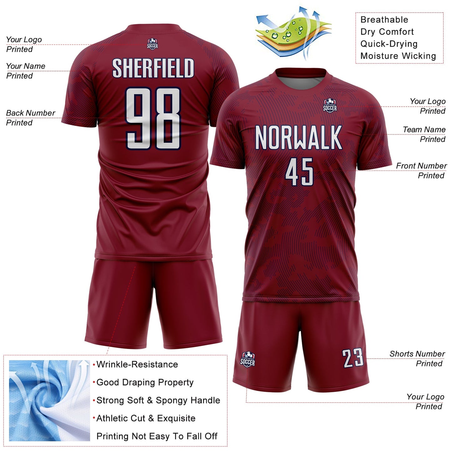 Custom Crimson White-Navy Curve Lines Sublimation Soccer Uniform Jersey view 4