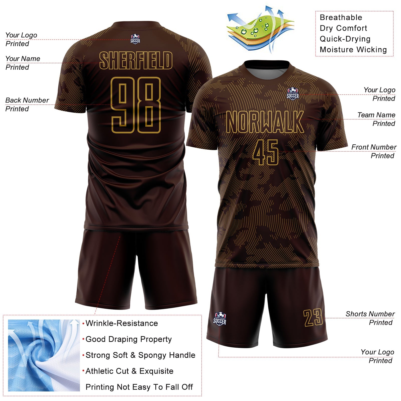 Custom Brown-Old Gold Curve Lines Sublimation Soccer Uniform Jersey view 4