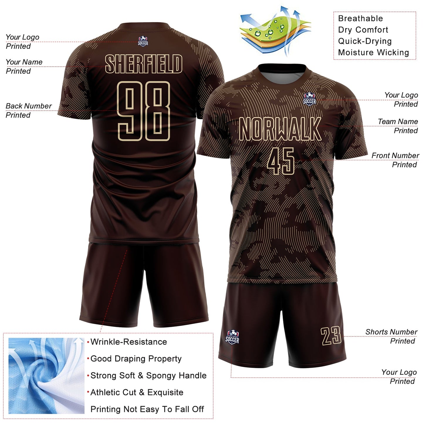 Custom Brown-Cream Curve Lines Sublimation Soccer Uniform Jersey view 4
