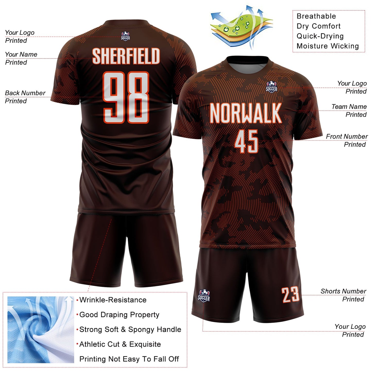Custom Brown White-Orange Curve Lines Sublimation Soccer Uniform Jersey view 4