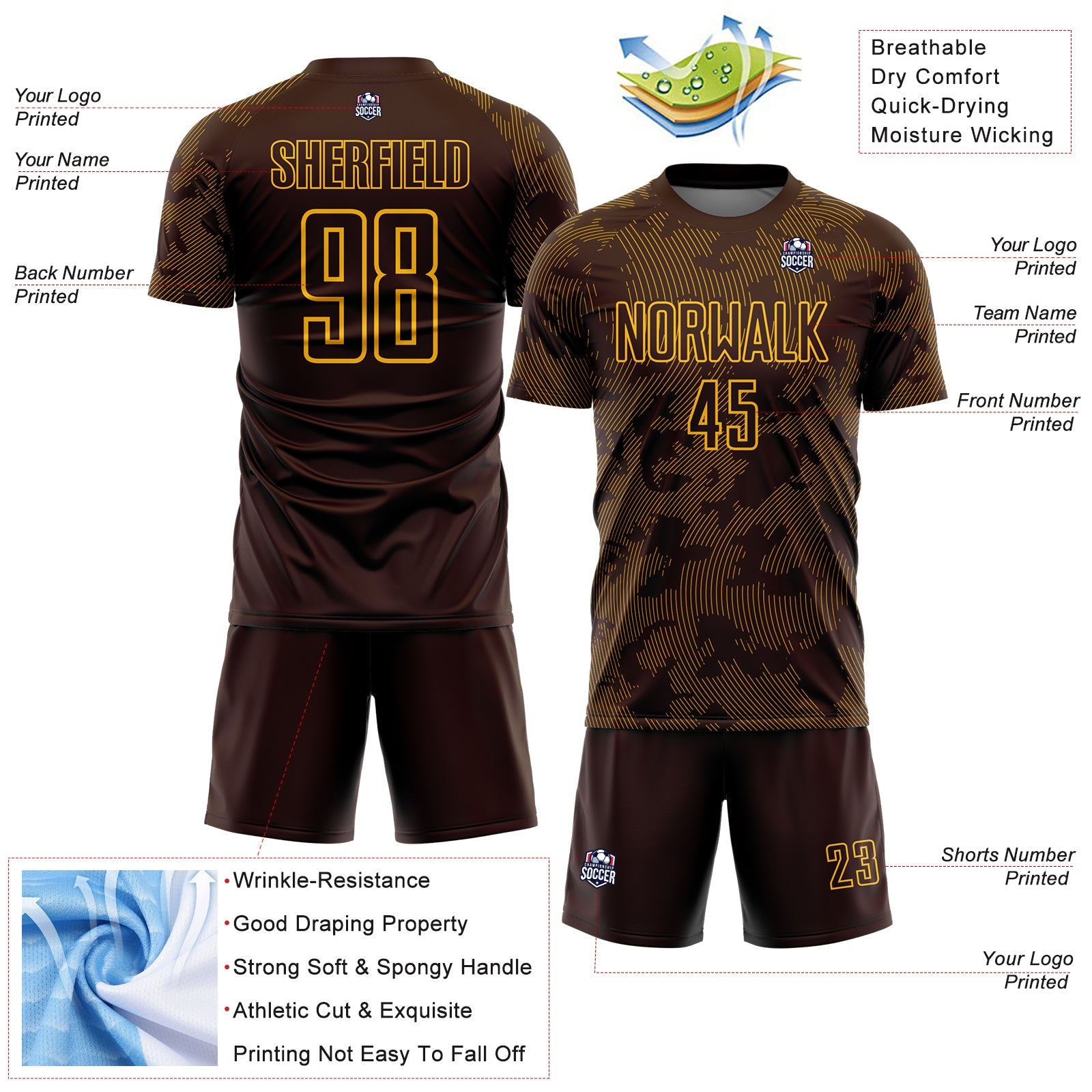 Custom Brown-Gold Curve Lines Sublimation Soccer Uniform Jersey view 4