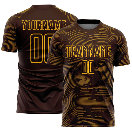 Custom Brown-Gold Curve Lines Sublimation Soccer Uniform Jersey - Main View