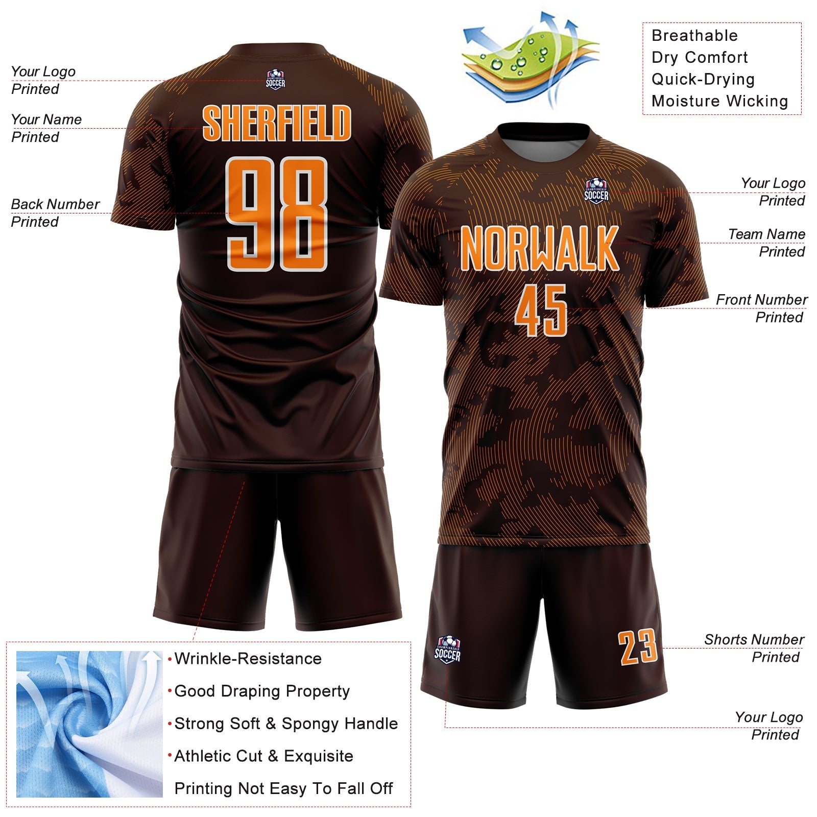Custom Brown Bay Orange-White Curve Lines Sublimation Soccer Uniform Jersey view 4