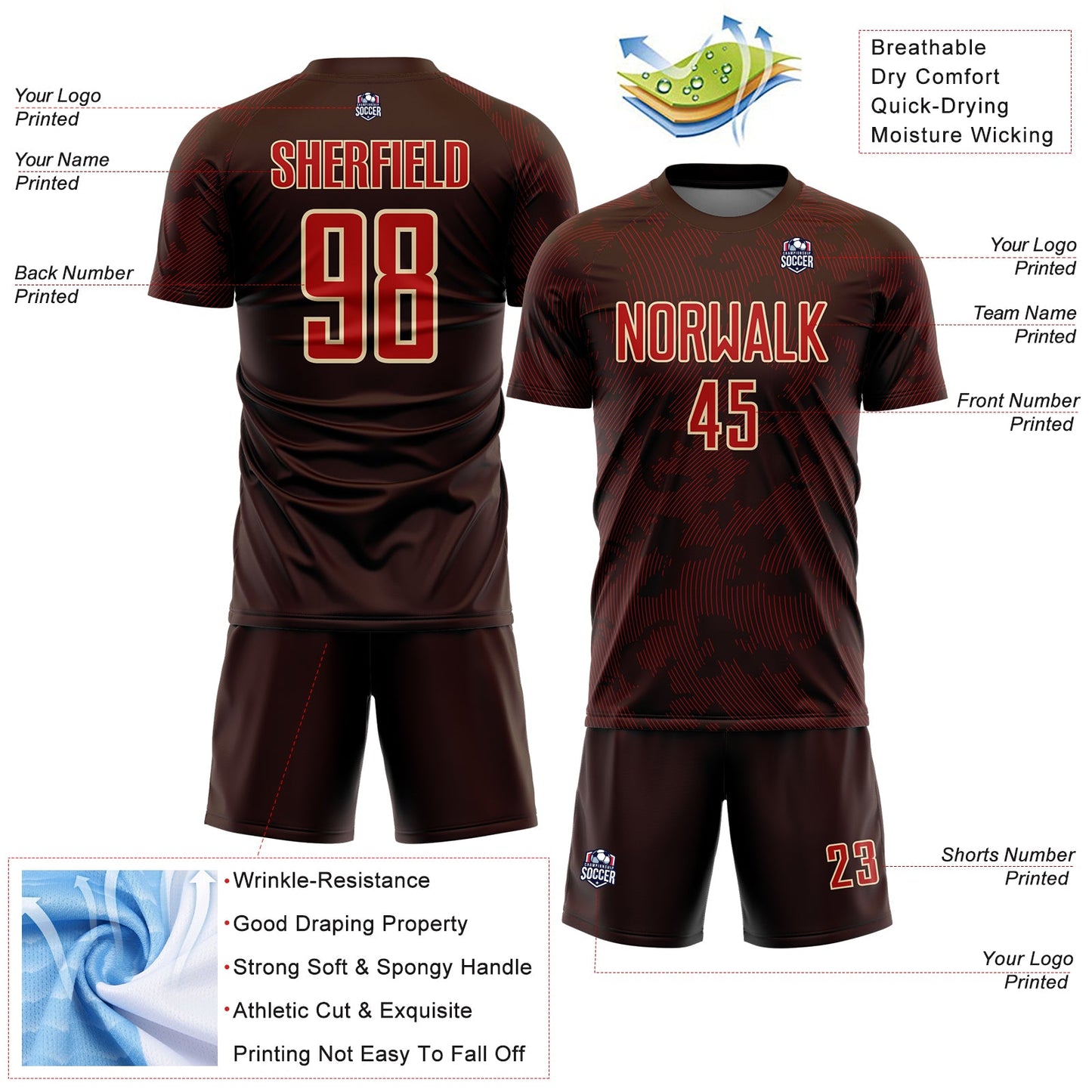 Custom Brown Red-Cream Curve Lines Sublimation Soccer Uniform Jersey view 4