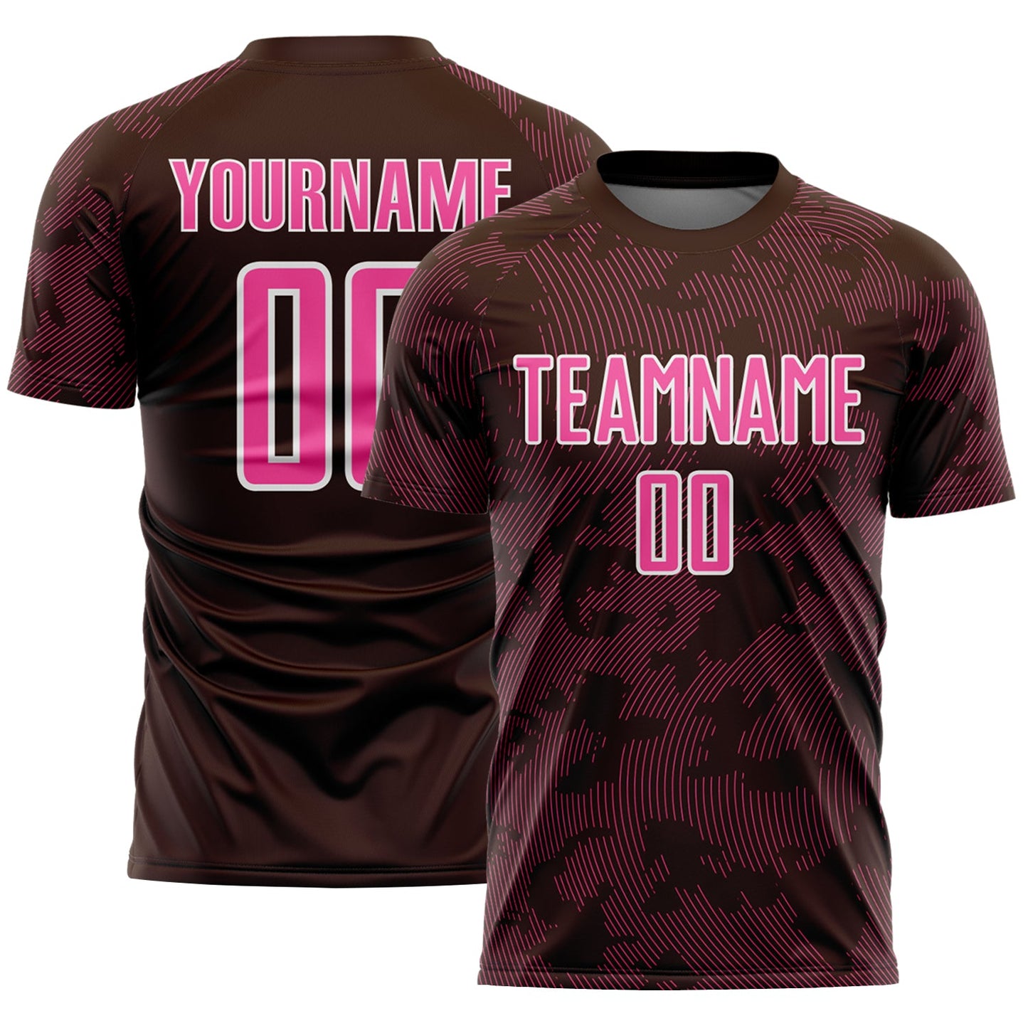Custom Brown Pink-White Curve Lines Sublimation Soccer Uniform Jersey - Main View