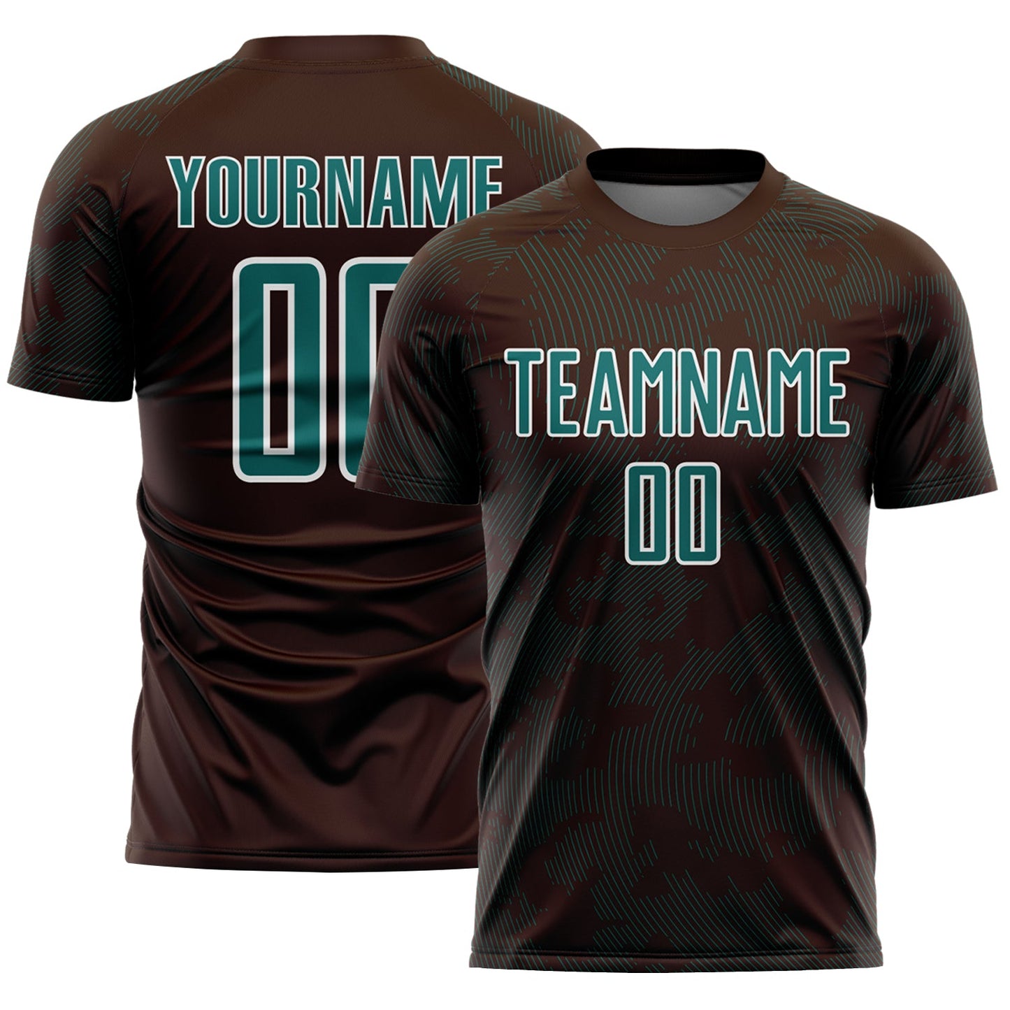 Custom Brown Teal-White Curve Lines Sublimation Soccer Uniform Jersey - Main View