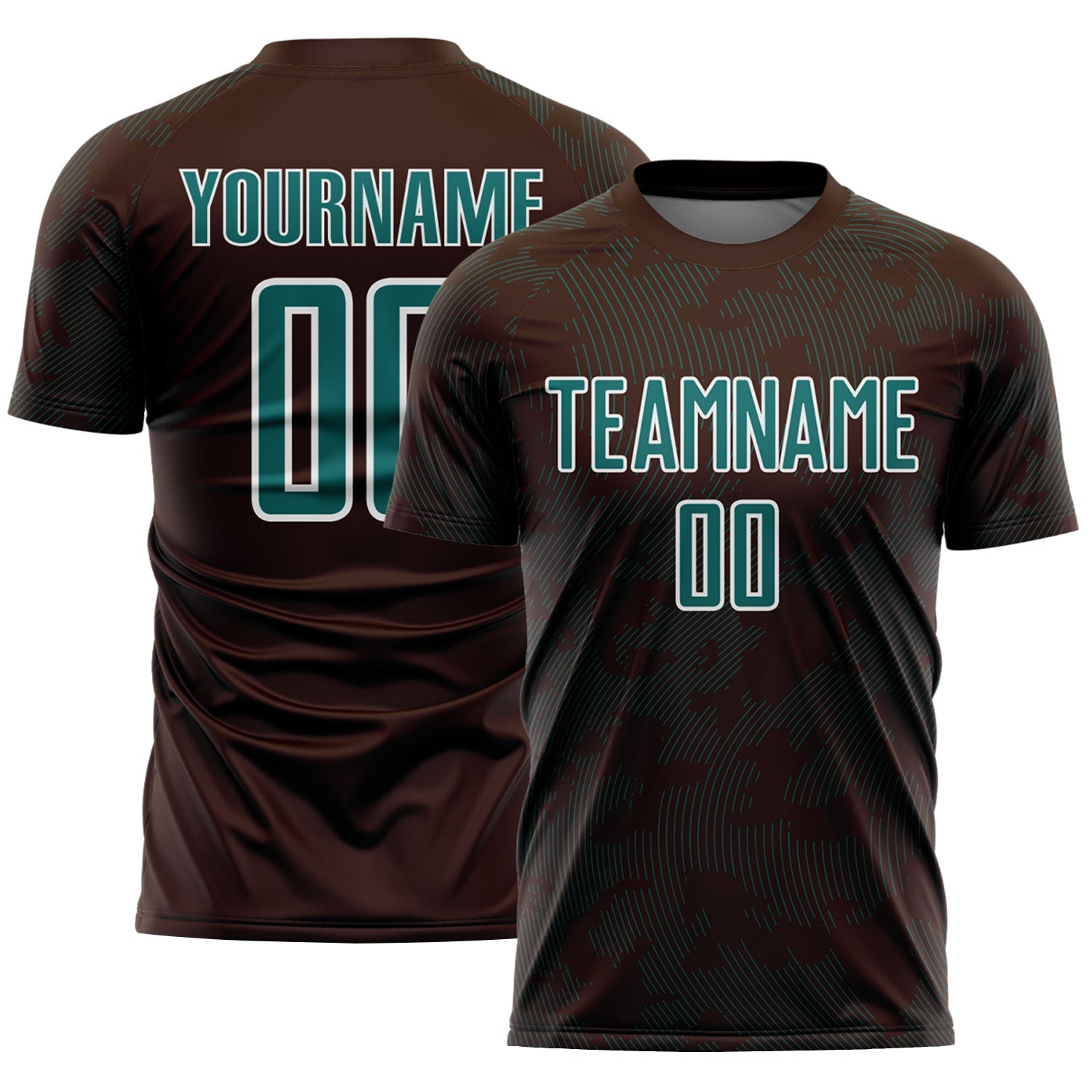 Custom Brown Teal-White Curve Lines Sublimation Soccer Uniform Jersey - Main View