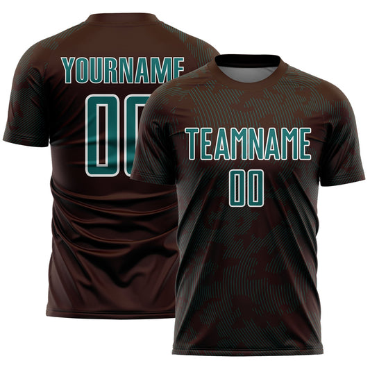 Custom Brown Teal-White Curve Lines Sublimation Soccer Uniform Jersey - Main View