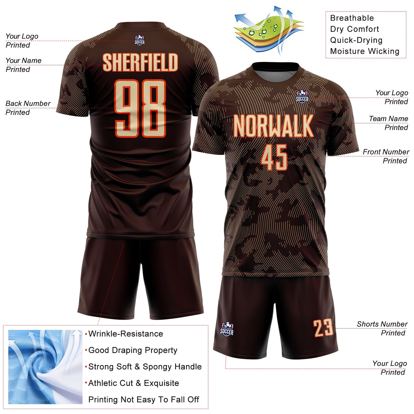 Custom Brown Cream-Orange Curve Lines Sublimation Soccer Uniform Jersey view 4