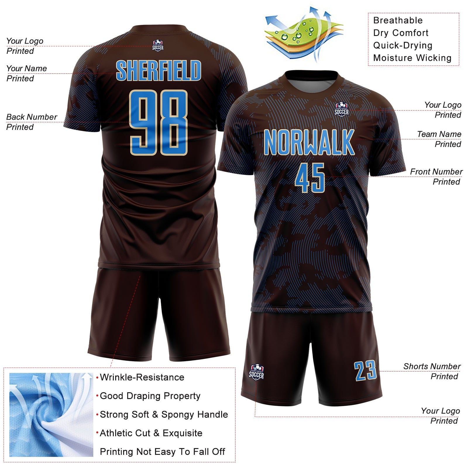 Custom Brown Powder Blue-Cream Curve Lines Sublimation Soccer Uniform Jersey view 4