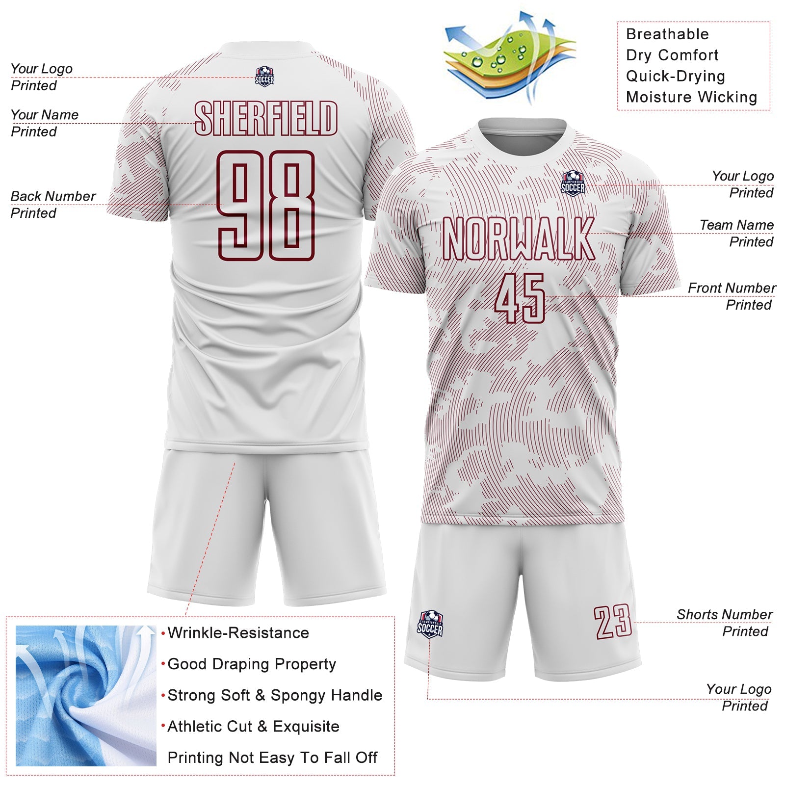 Custom White-Crimson Curve Lines Sublimation Soccer Uniform Jersey view 4