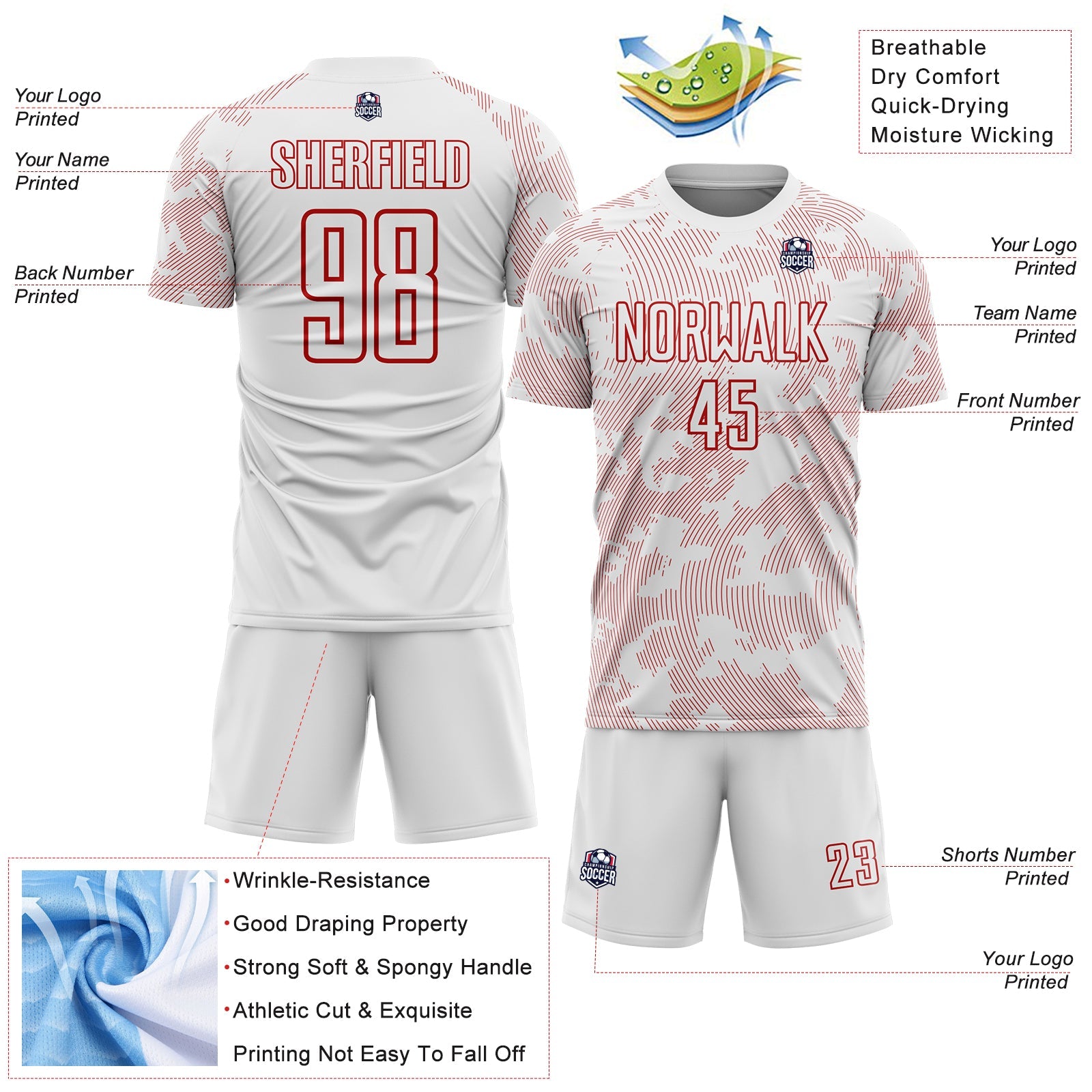 Custom White-Red Curve Lines Sublimation Soccer Uniform Jersey view 4
