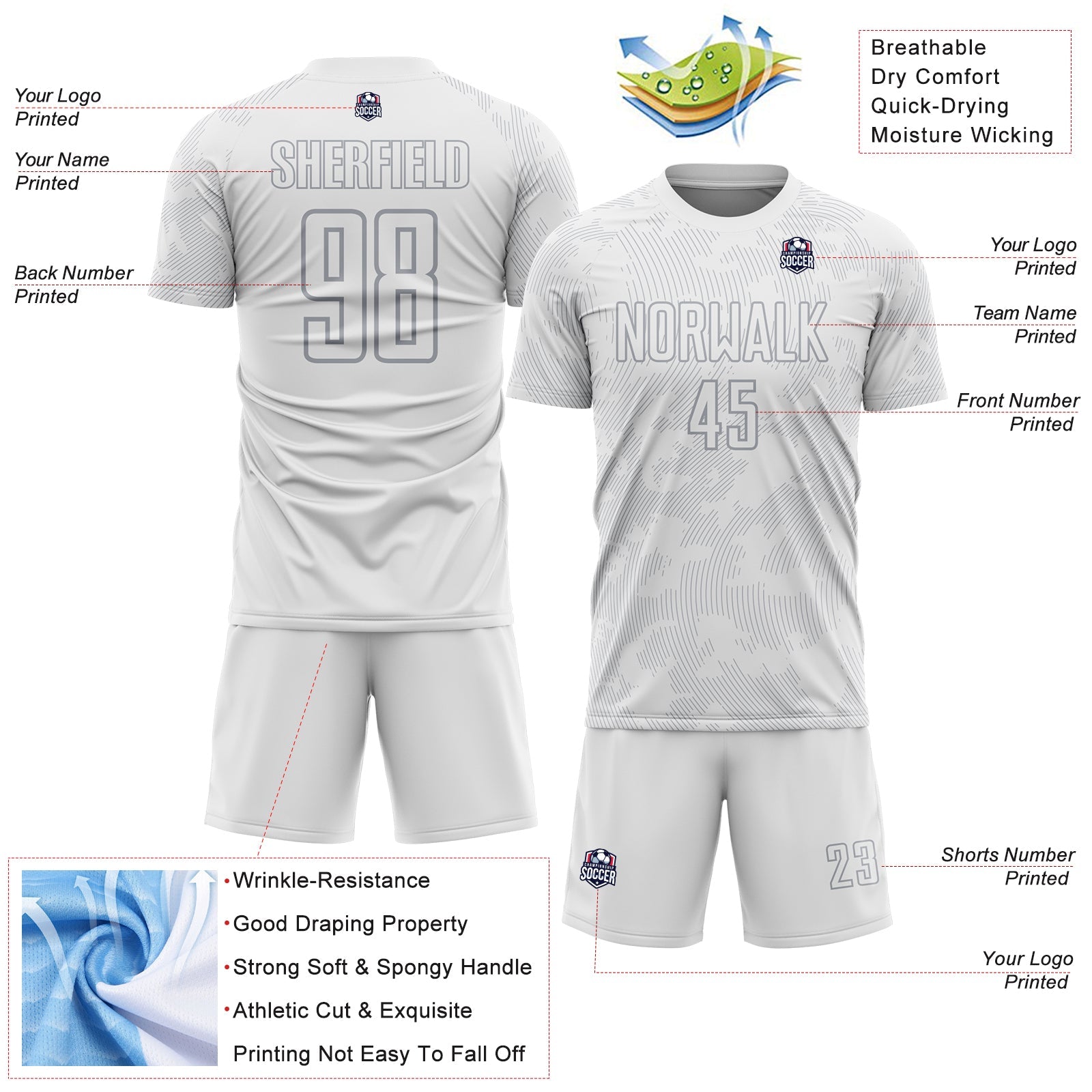 Custom White-Gray Curve Lines Sublimation Soccer Uniform Jersey view 4