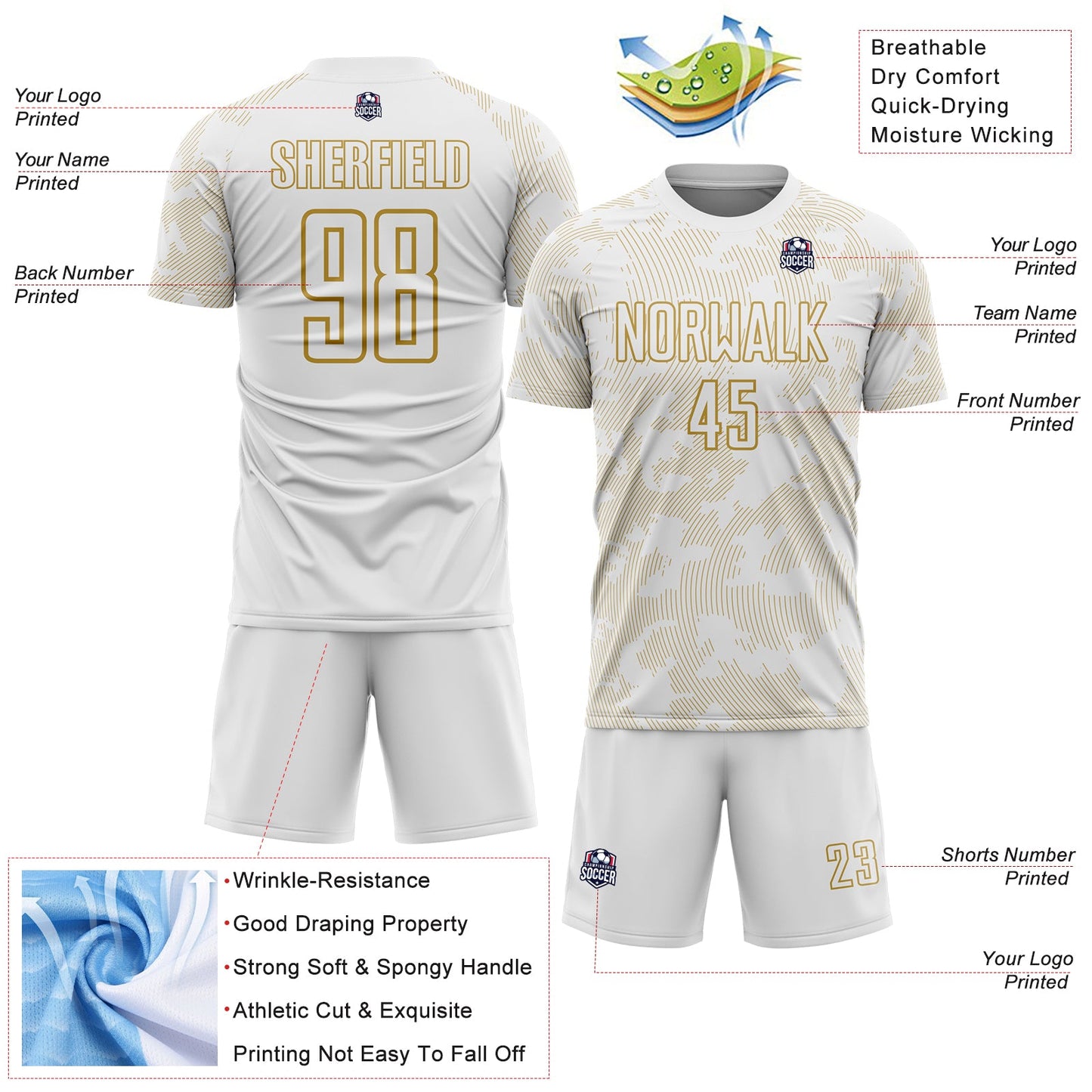Custom White-Old Gold Curve Lines Sublimation Soccer Uniform Jersey view 4