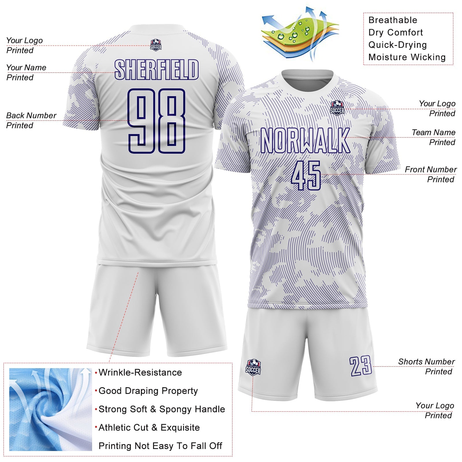 Custom White-Dark Purple Curve Lines Sublimation Soccer Uniform Jersey view 4