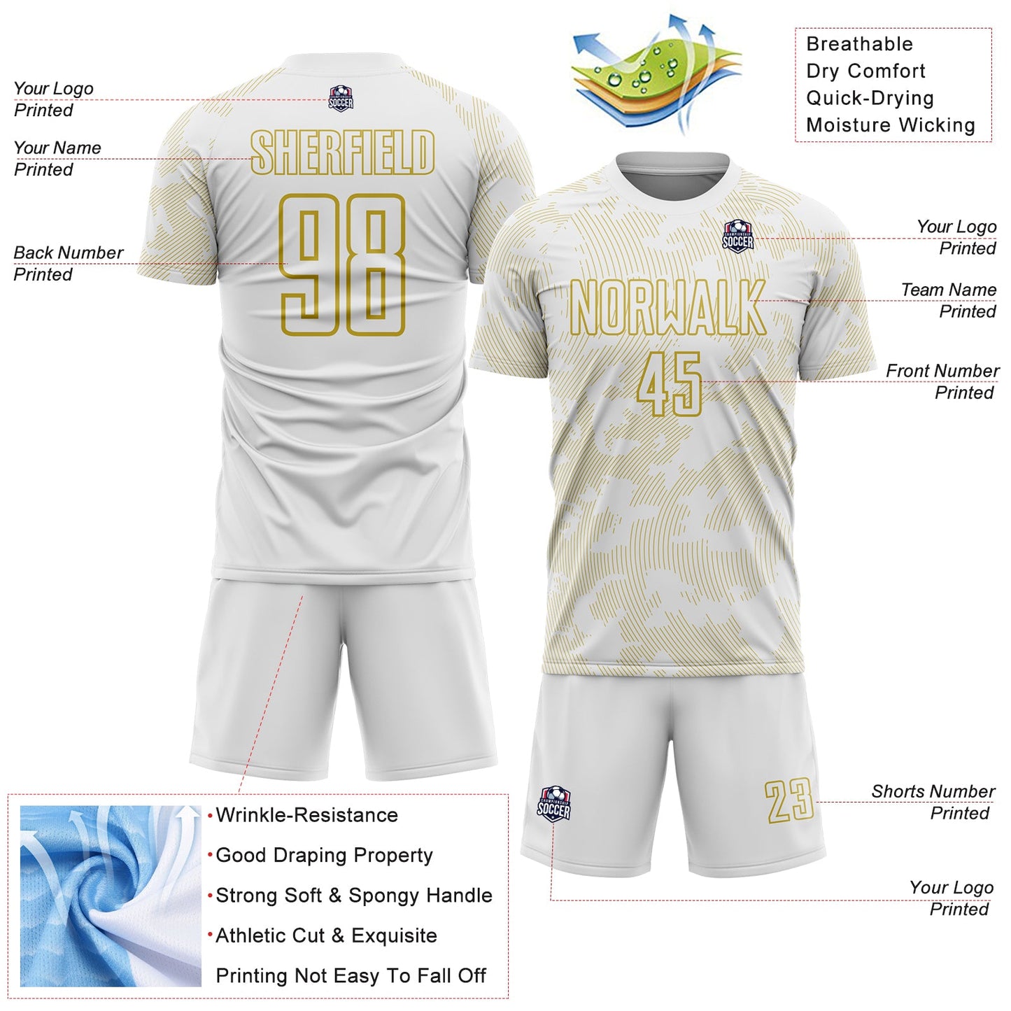 Custom White-Old Gold Curve Lines Sublimation Soccer Uniform Jersey view 4