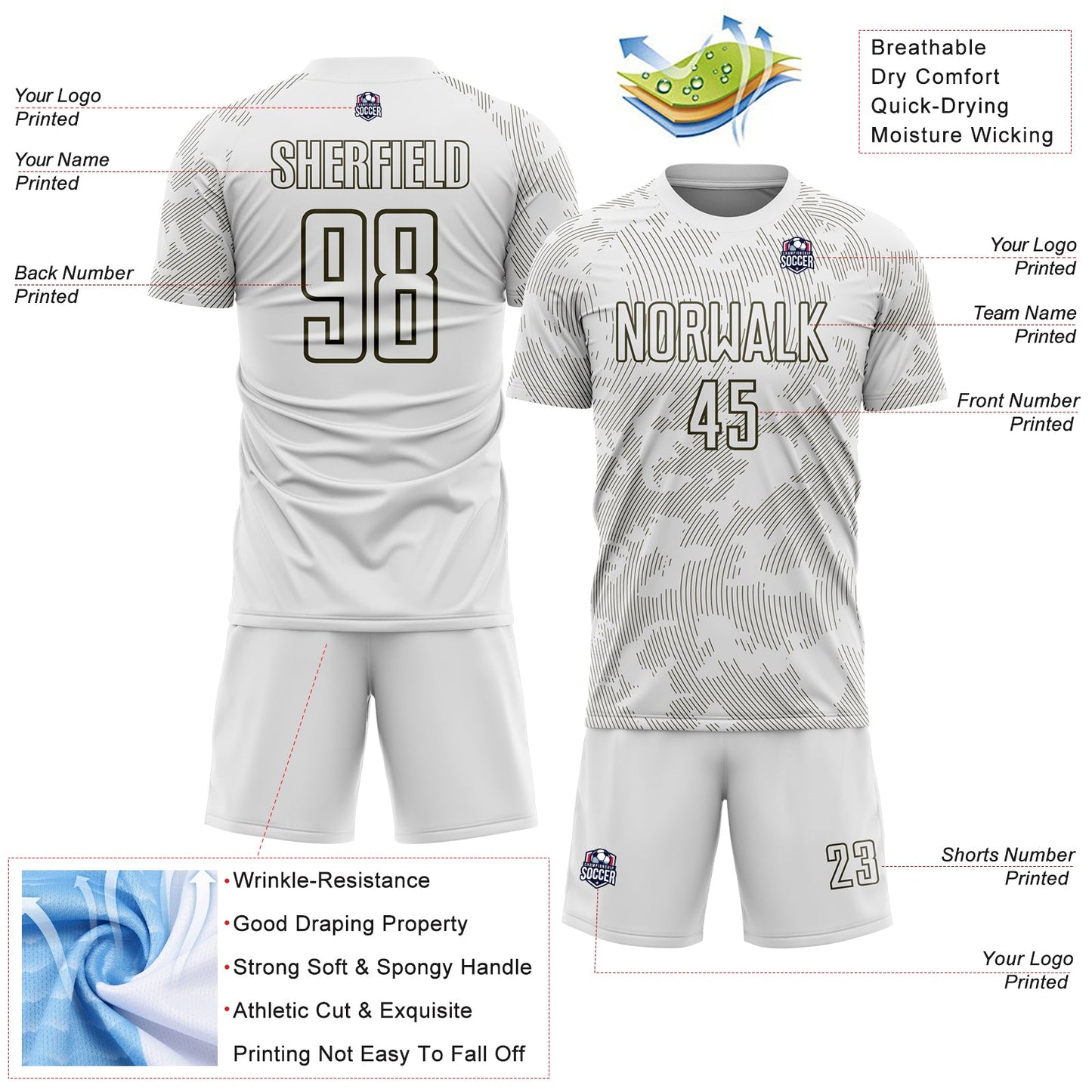 Custom White-Olive Curve Lines Sublimation Soccer Uniform Jersey view 4