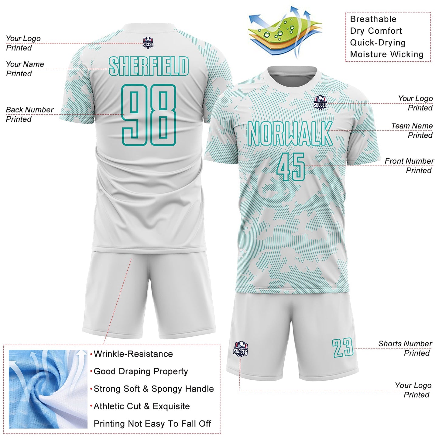 Custom White-Aqua Curve Lines Sublimation Soccer Uniform Jersey view 4