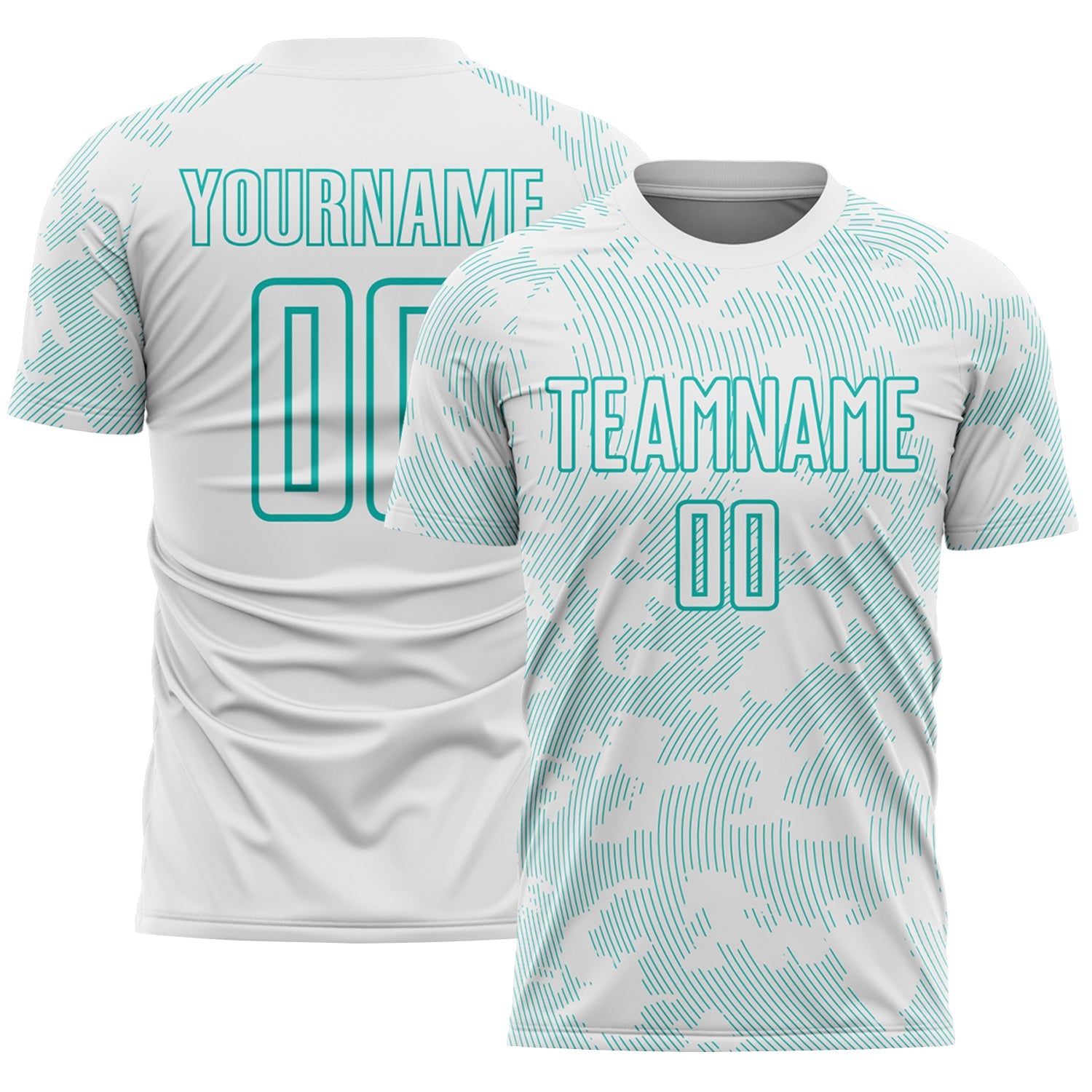 Custom White-Aqua Curve Lines Sublimation Soccer Uniform Jersey - Main View