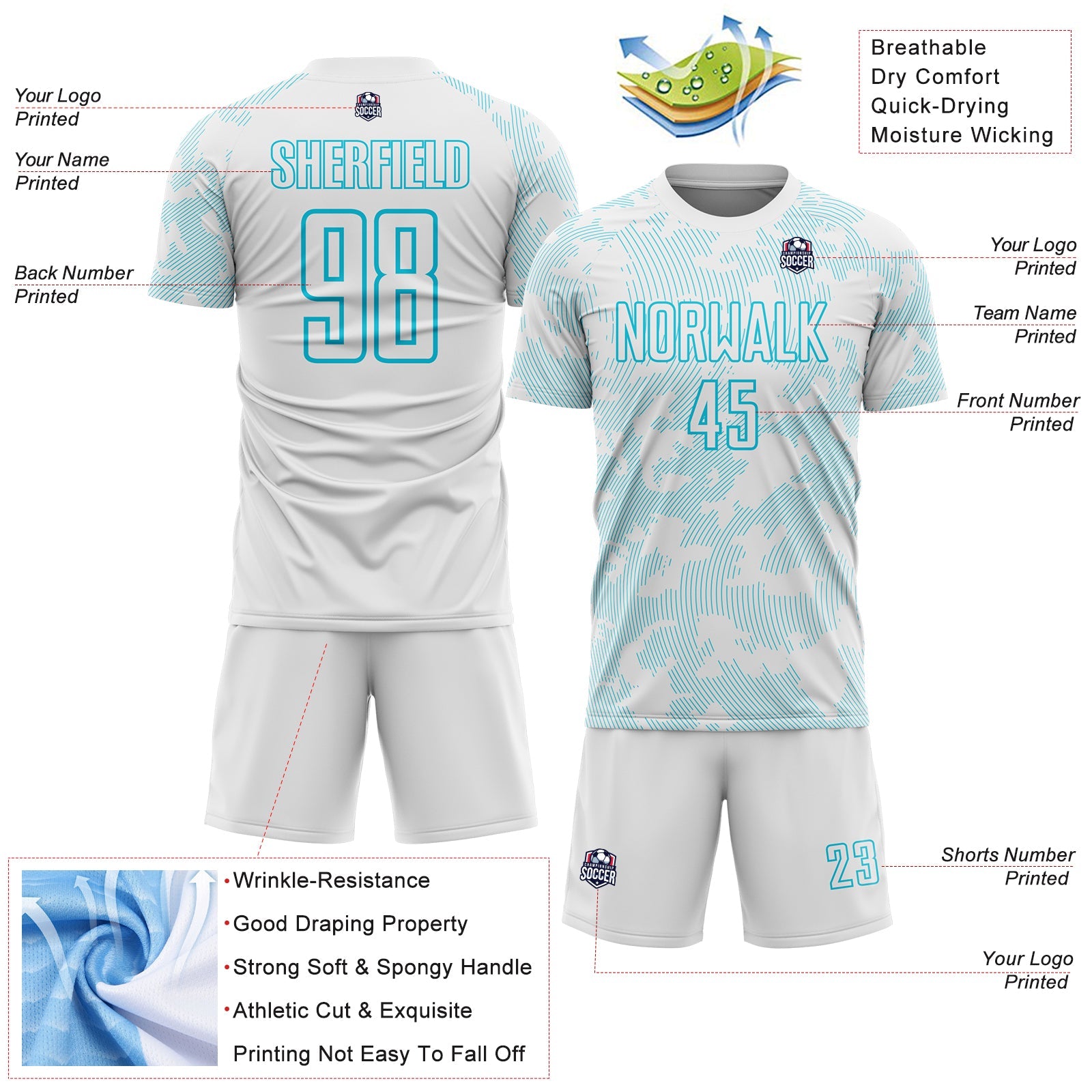 Custom White-Lakes Blue Curve Lines Sublimation Soccer Uniform Jersey view 4