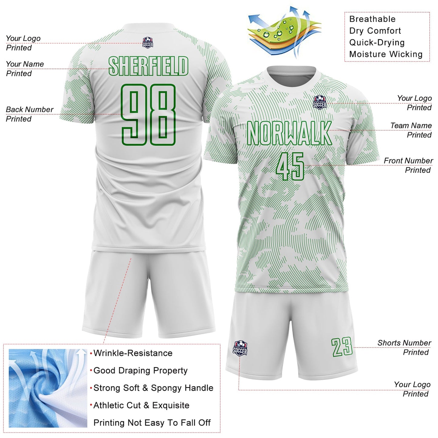 Custom White-Grass Green Curve Lines Sublimation Soccer Uniform Jersey view 4