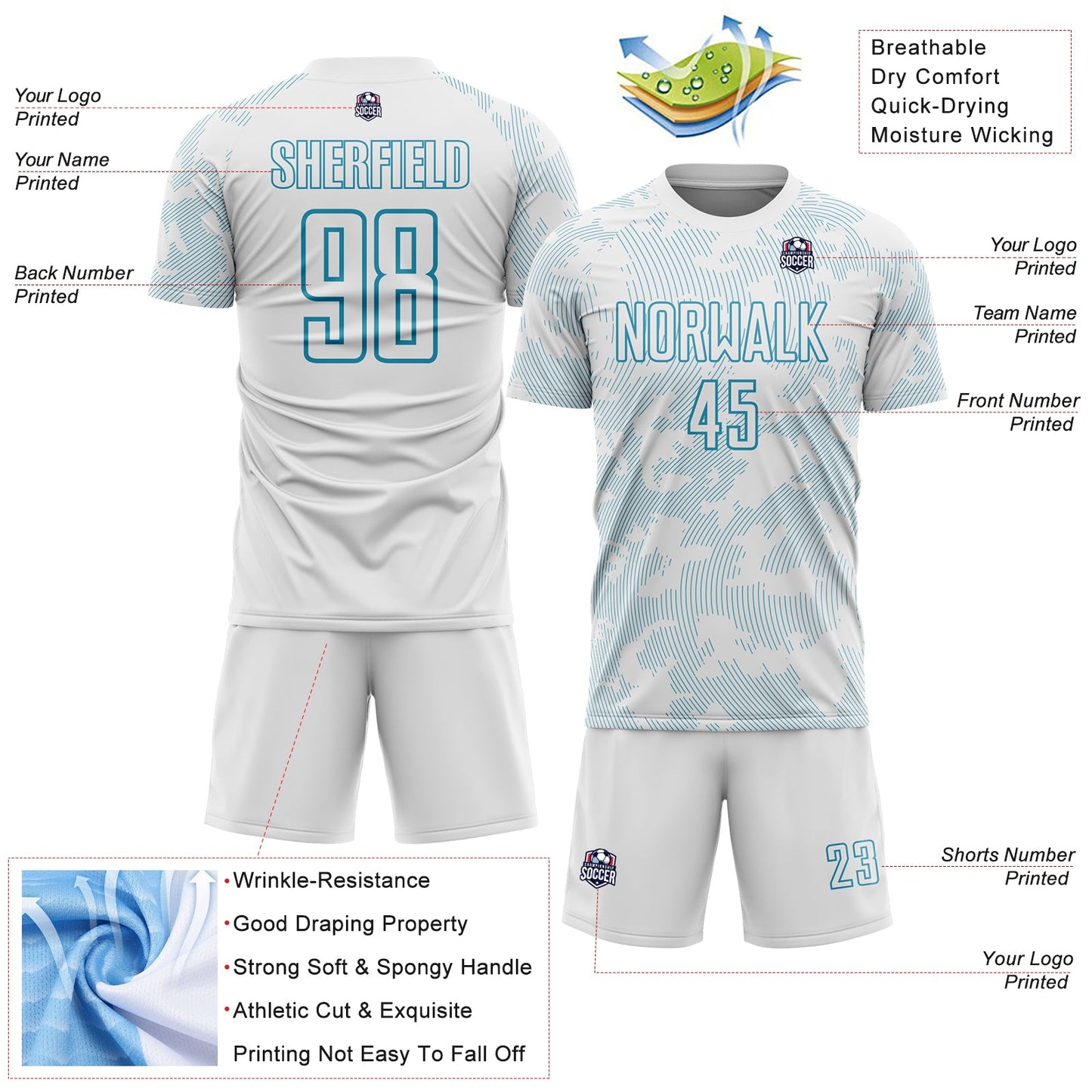 Custom White-Panther Blue Curve Lines Sublimation Soccer Uniform Jersey view 4