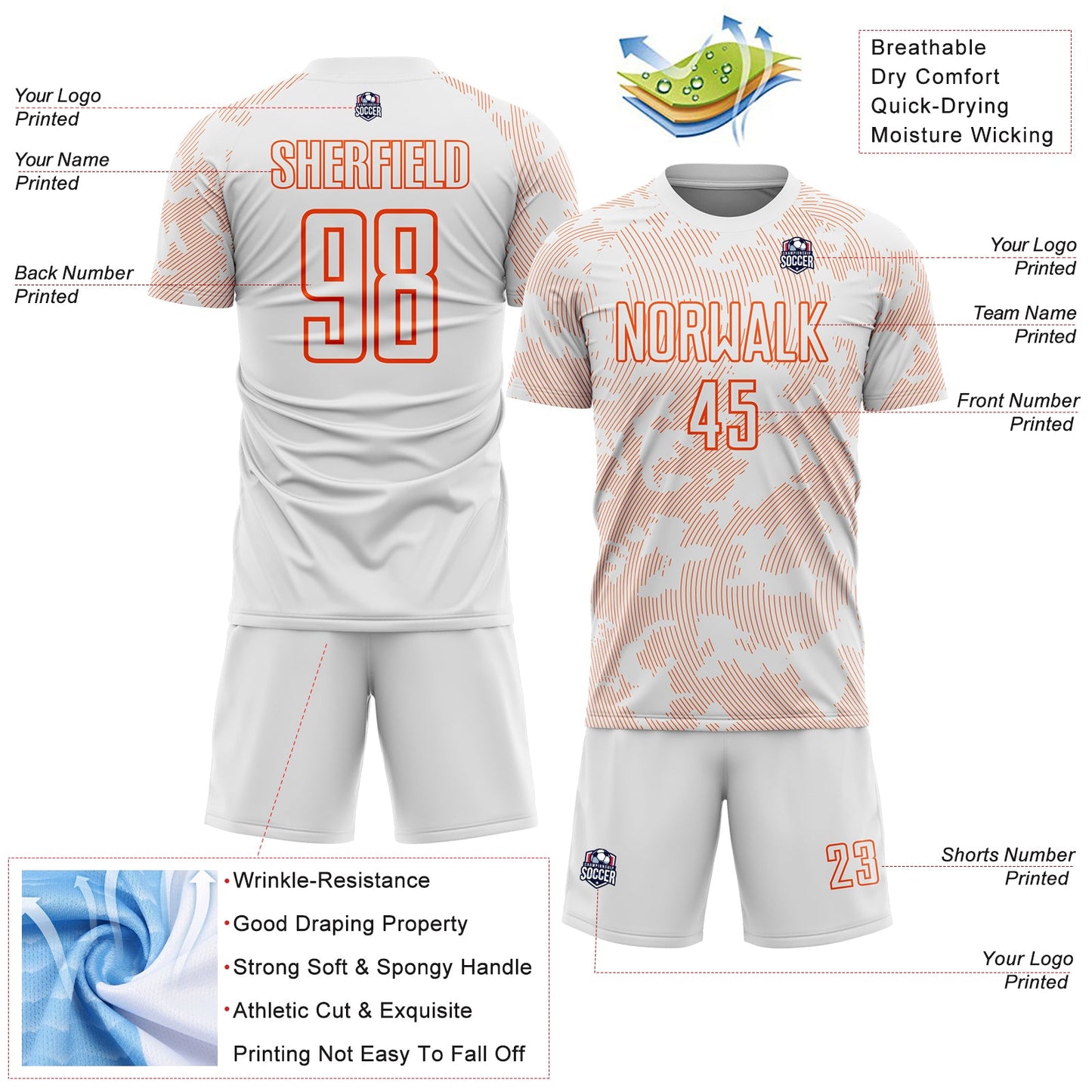 Custom White-Orange Curve Lines Sublimation Soccer Uniform Jersey view 4
