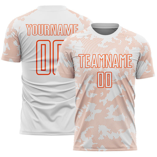 Custom White-Orange Curve Lines Sublimation Soccer Uniform Jersey - Main View