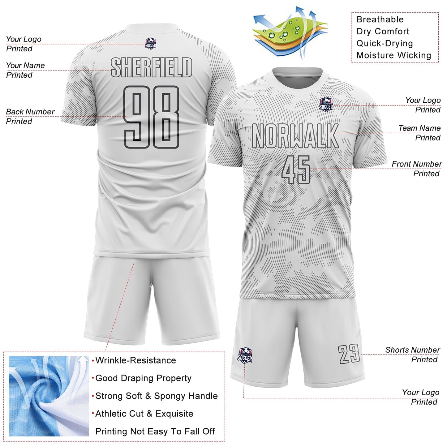 Custom White-Steel Gray Curve Lines Sublimation Soccer Uniform Jersey view 4