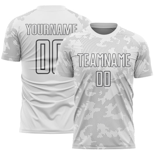 Custom White-Steel Gray Curve Lines Sublimation Soccer Uniform Jersey - Main View