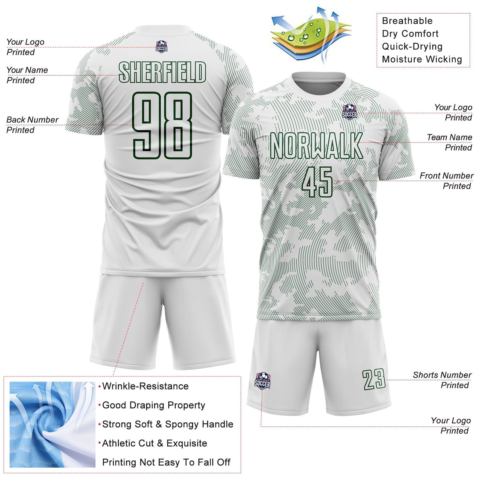 Custom White-Green Curve Lines Sublimation Soccer Uniform Jersey view 4