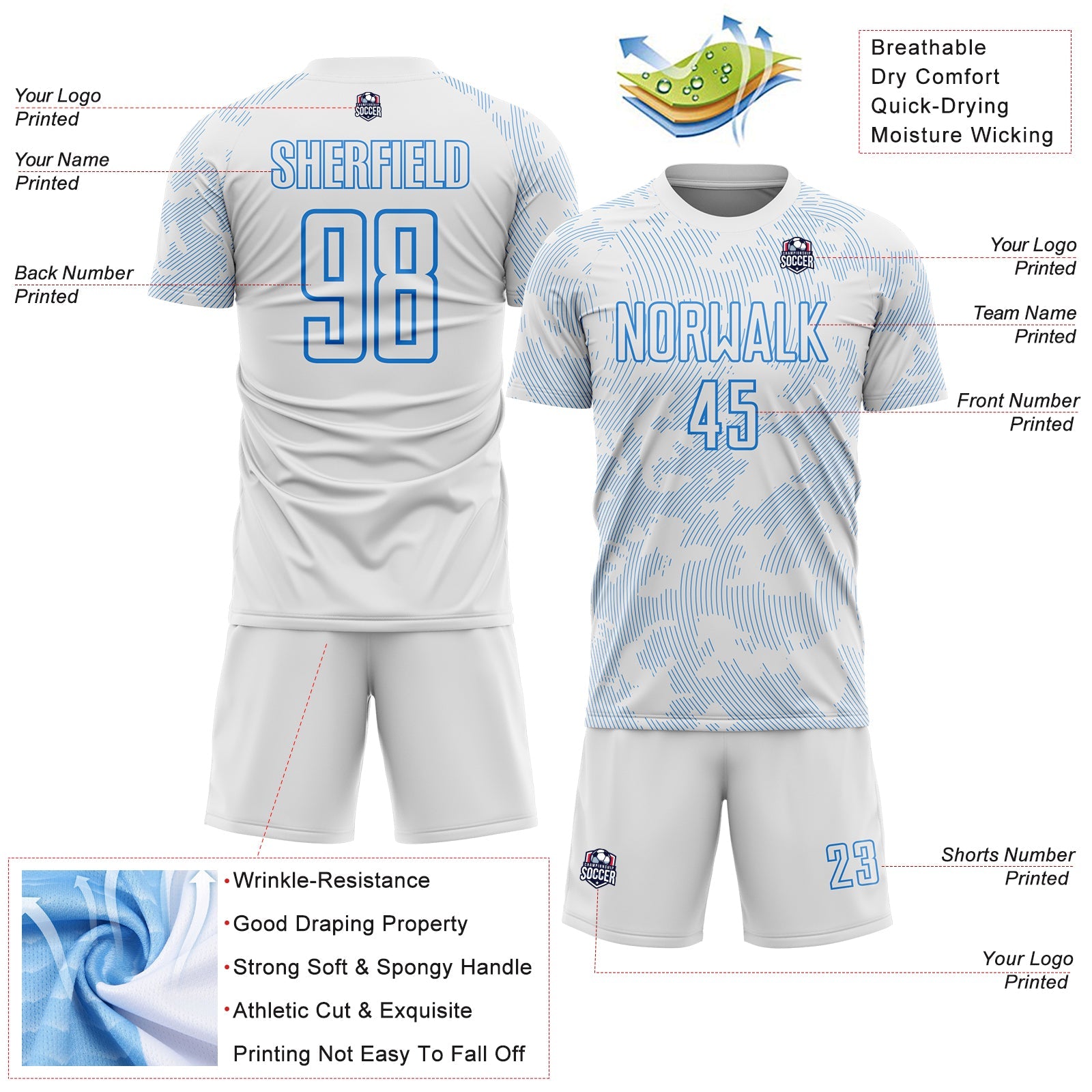 Custom White-Powder Blue Curve Lines Sublimation Soccer Uniform Jersey view 4